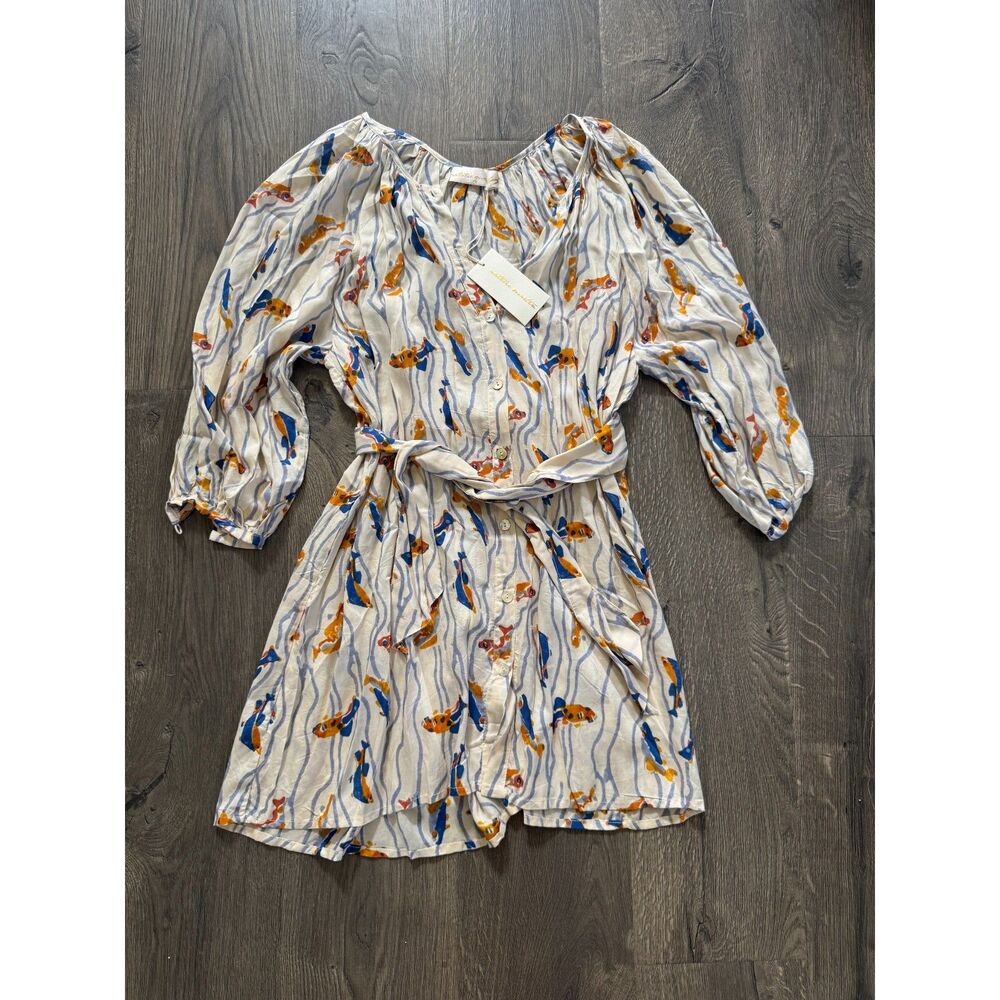 NEW Natalie Martin Alex Short Dress w/Sash Pisces Print Blue Button Up Sash XS